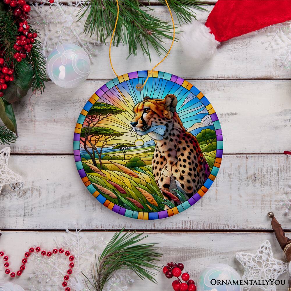 Back. OrnamentallyYou - Speed Kings African Cheetah Stained Glass Style Ceramic Ornament Safari Animals Christmas Gift - Multi-colored.