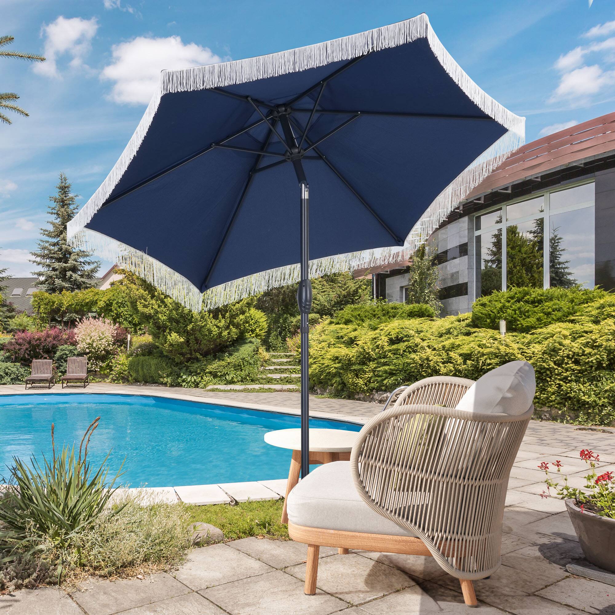 Back. Ainfox - Ainfox 7.5ft Patio Umbrella with Fringe for Event Outdoor Garden Yard Deck Wedding Themed Restaurant Cafe Bistro Set - Navy Blue.