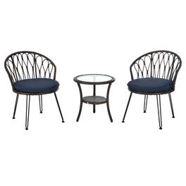 Mondawe - 3-Piece Outdoor Leisure Set, 2 Rattan Single Chairs with A Glass Round Table - Brown+Blue