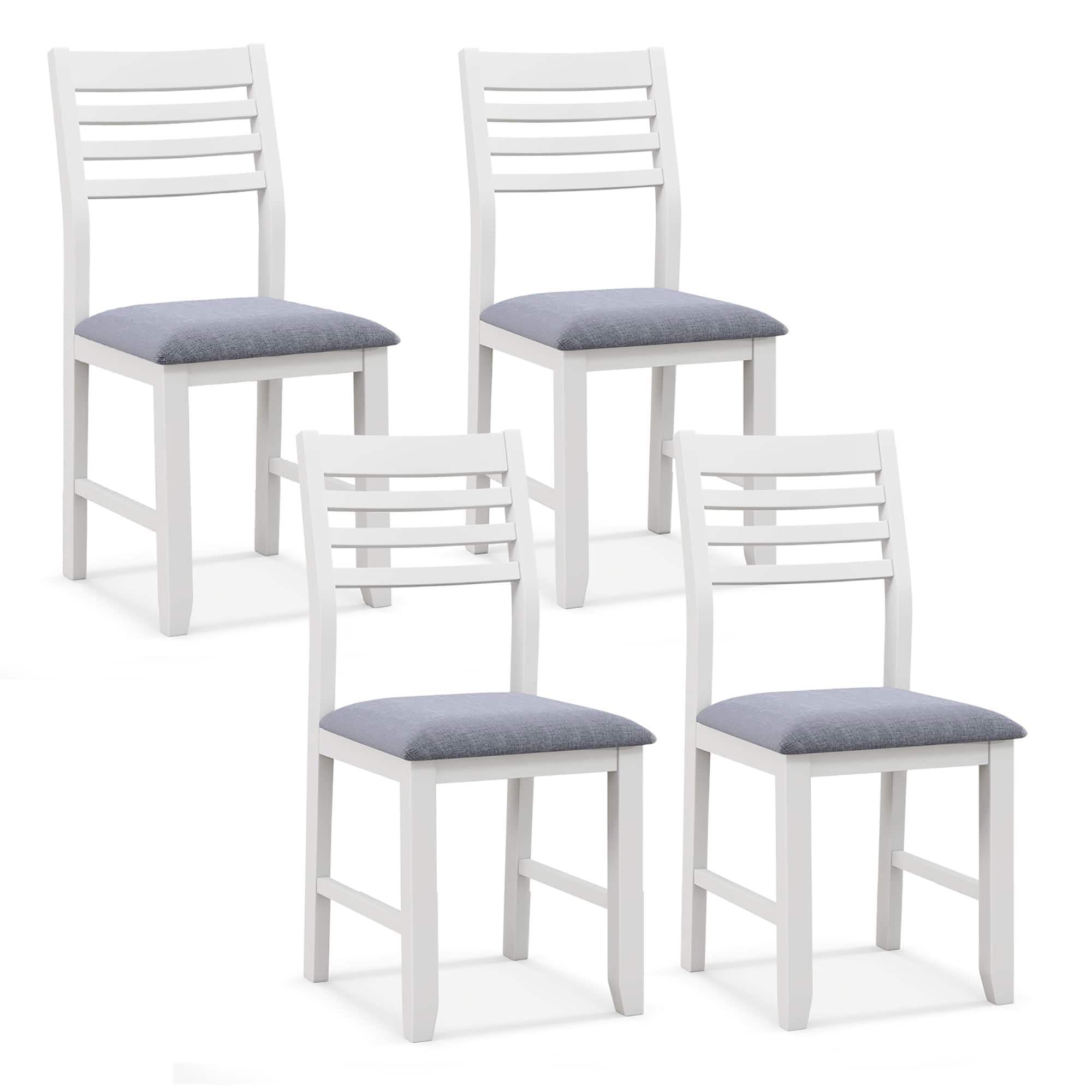 Gymax - Wooden Dining Chair Set of 4 Kitchen Side Chairs w/ Rubber Wood Frame Ladder Back White - White, Grey