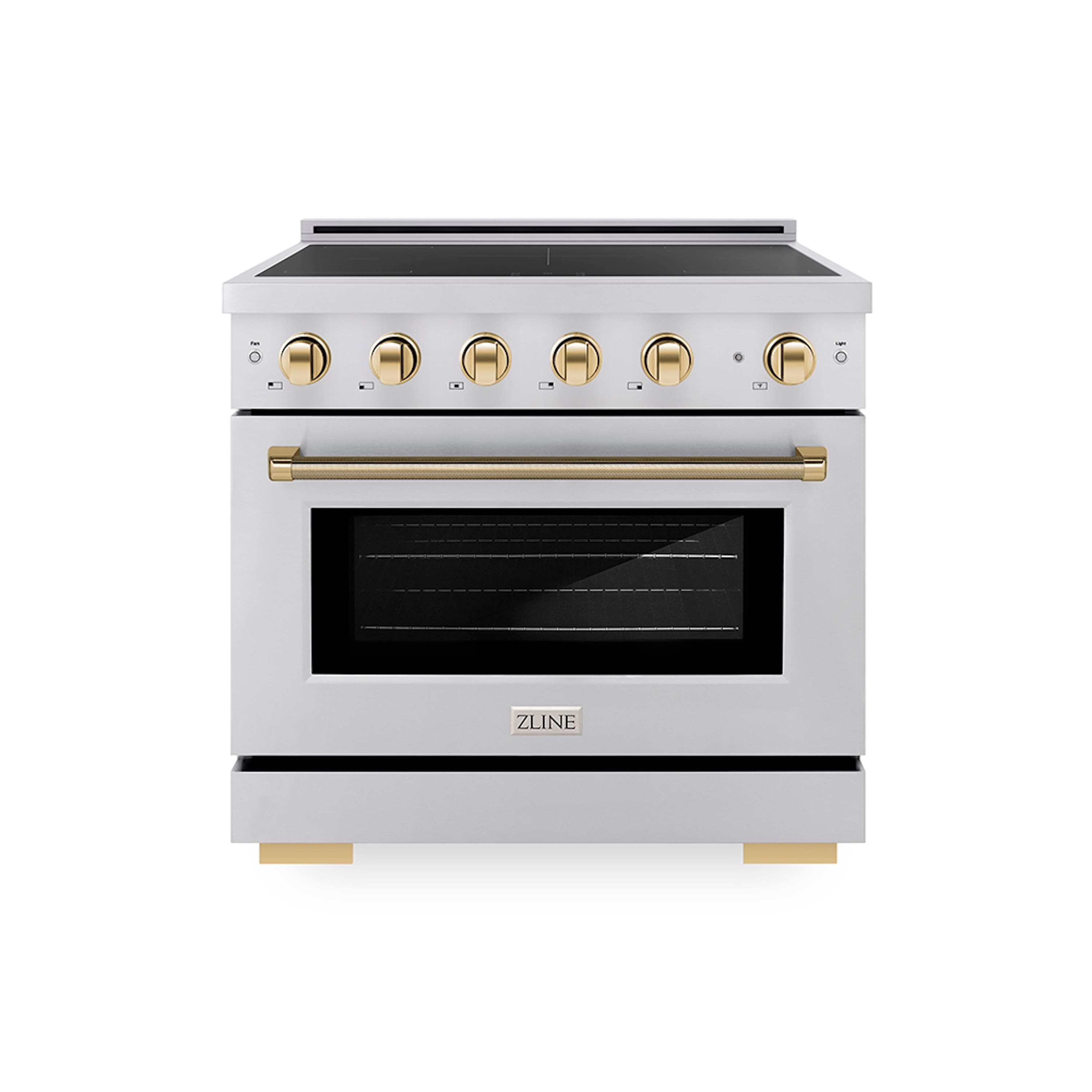 Front. ZLINE - 36 in. Wide 5 Elements Autograph 5.2 cu. ft. Paramount Freestanding Induction Range with Polished Gold Helix Handle - Stainless Steel.