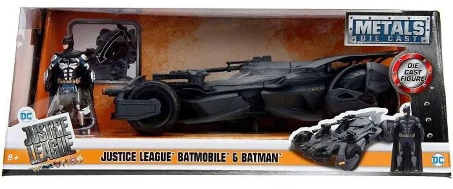 The text on the image can be grouped and corrected as follows:

- **METALS DIE CAST**
- **DC**
- **JUSTICE LEAGUE**
- **BATMOBILE & BATMAN**
- **DIE CAST FIGURE**
- **8+**
- **JUSTICE LEAGUE BATMOBILE & BATMAN**

This ensures that all the key elements from the image are included and properly formatted.