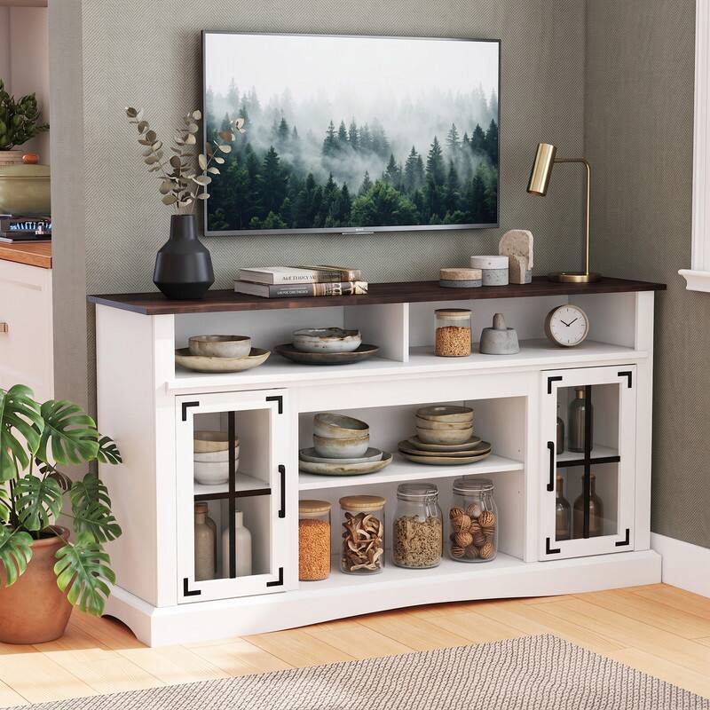 Back. WELLFOR - TV Stand for 50" TV with Remote Control, LED Entertainment Center with Glass Door Media Console Cabinet - White.