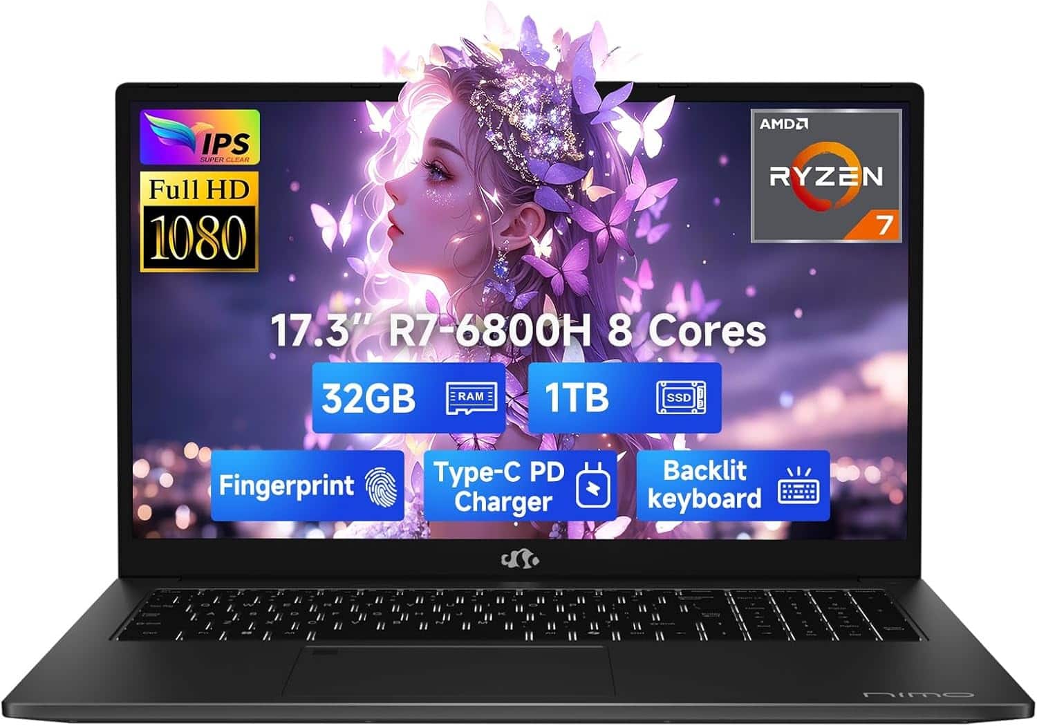 NIMO - 17.3" IPS FHD-Gaming-Laptop, 8 Cores AMD Ryzen 7 6800H 32GB DDR5 RAM 1TB SSD 4.7GHz Fingerprint 100W - Black