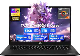 NIMO - 17.3" IPS FHD-Gaming-Laptop, 8 Cores AMD Ryzen 7 6800H 32GB DDR5 RAM 1TB SSD 4.7GHz Fingerprint 100W - Black