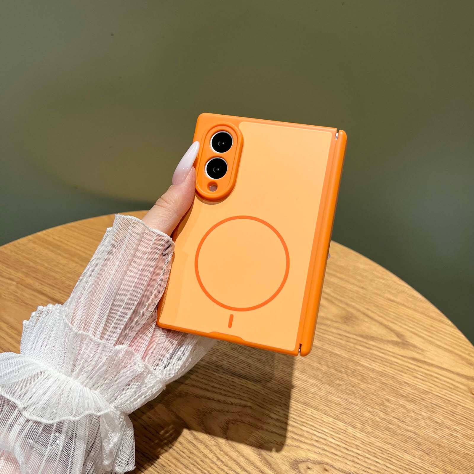 Left. Dteck - Shockproof Magnetic Back Case for Samsung Galaxy Z Fold8, Slim Hybrid Cover with Hinge Guard, Raised Edge Screen Camera - Orange.