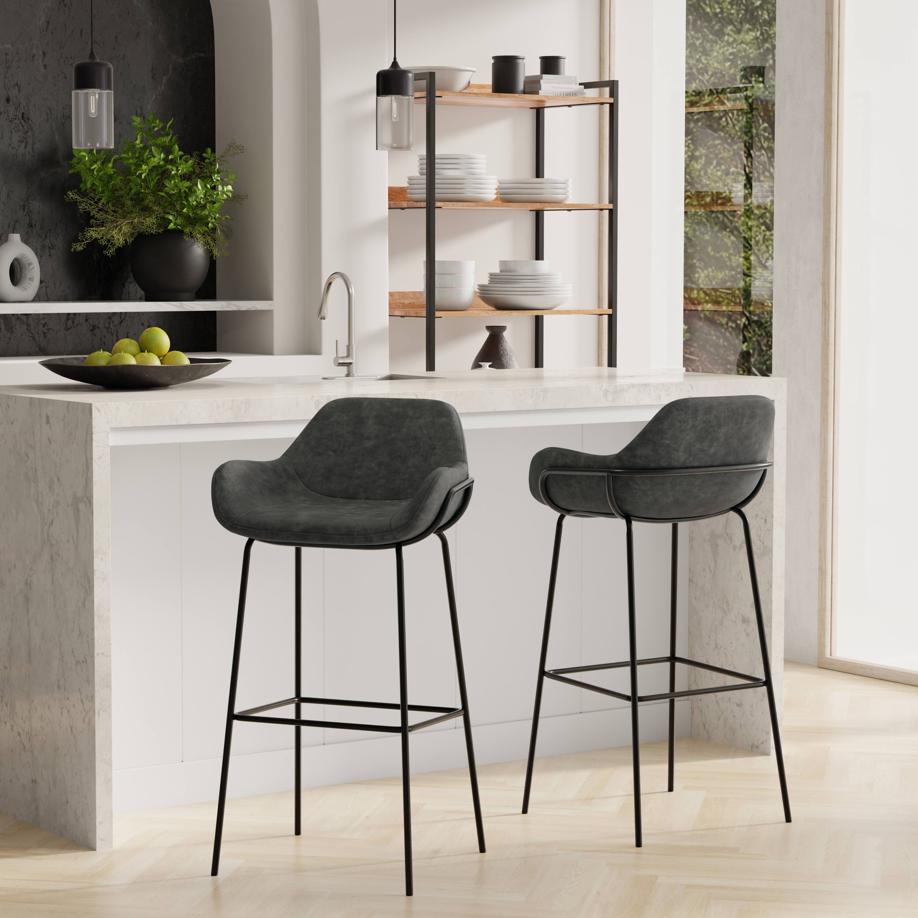 Angle. Simpli Home - Simpli Home Mira Contemporary Bar Stool in Distressed Slate Grey  Vegan Faux Leather - Distressed Slate Grey.