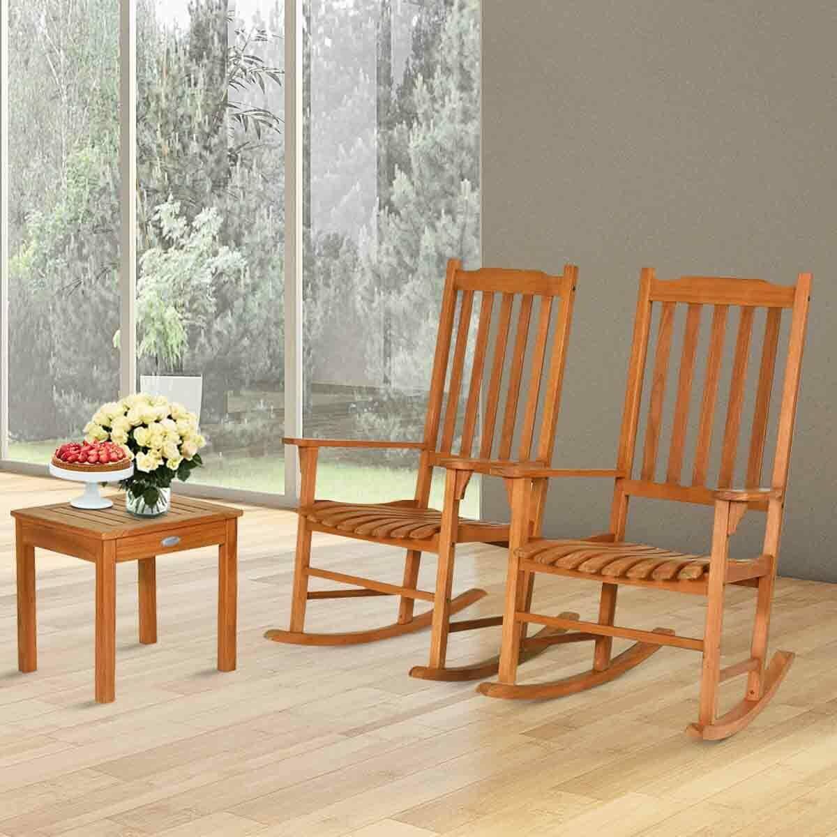Alt View 3. Costway - Costway 3 PCS Eucalyptus Rocking Chair Set W/ Coffee Table 2 Wood Conversation Chairs - Natural.