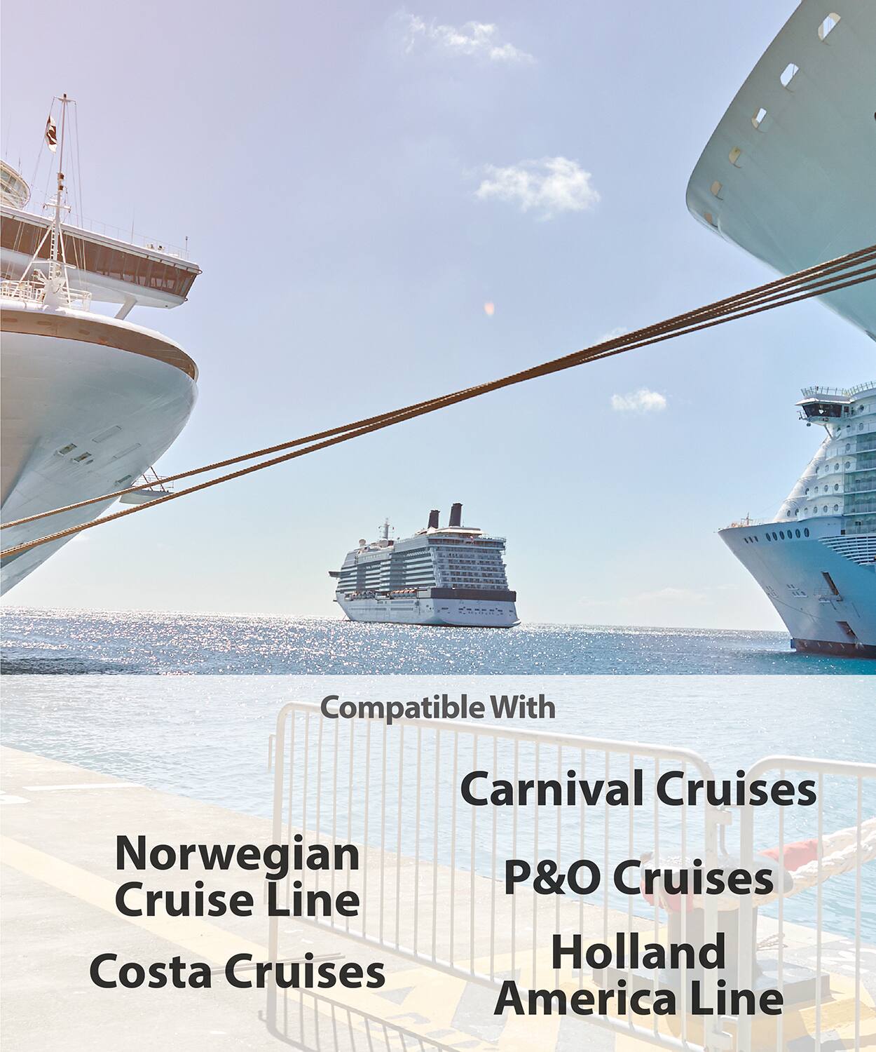 Compatible With

Carnival Cruises  
P&O Cruises  
Holland America Line  

Norwegian Cruise Line  
Costa Cruises