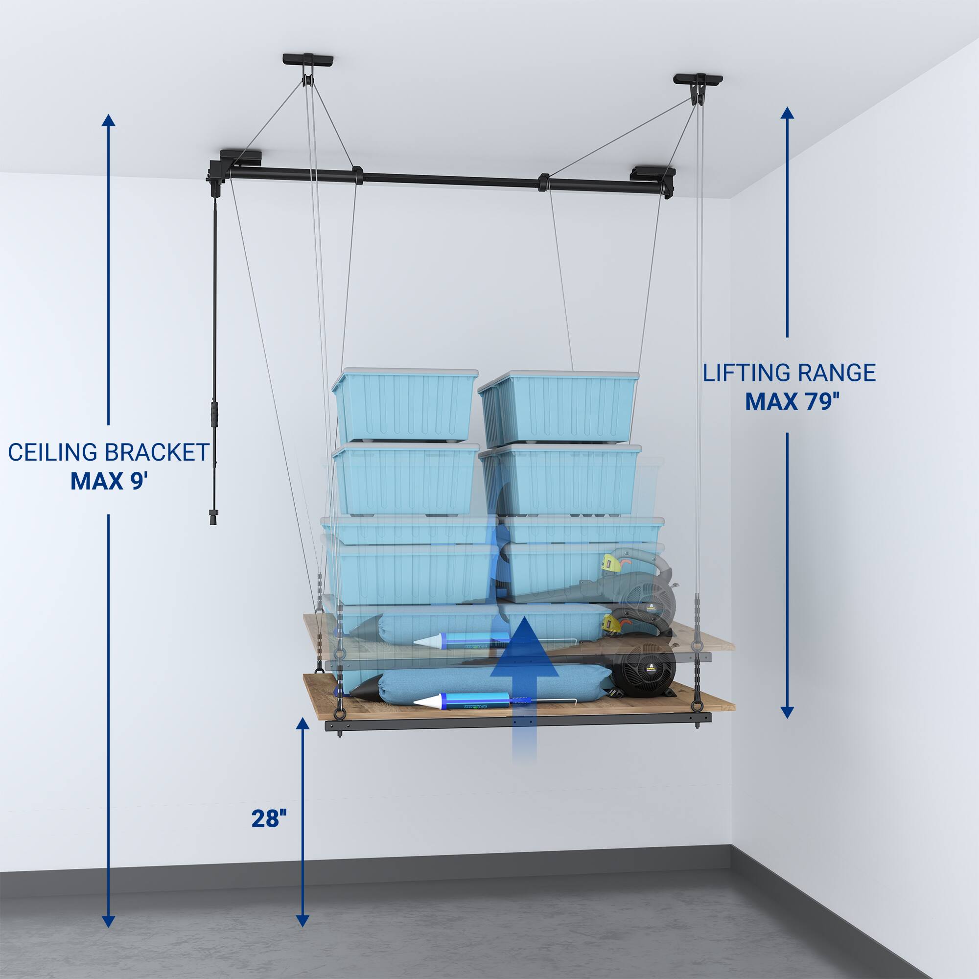 LIFTING RANGE MAX 79"  
CEILING BRACKET MAX 9'  
D 28"