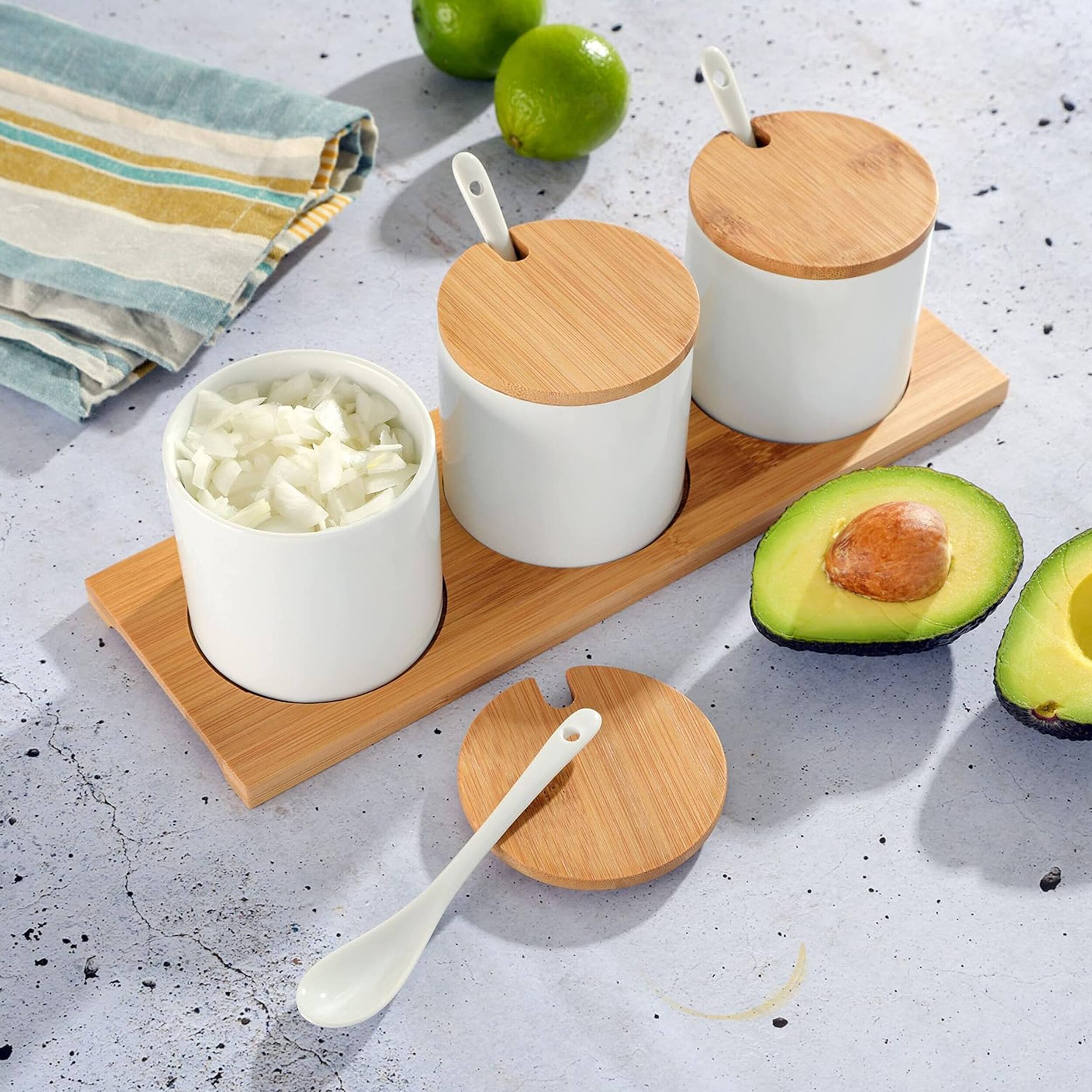 Alt View 3. Gibson - Gibson Gracious Dining 10 Piece Fine Ceramic Condiment Jars with Bamboo Lids and Spoons in White - White.