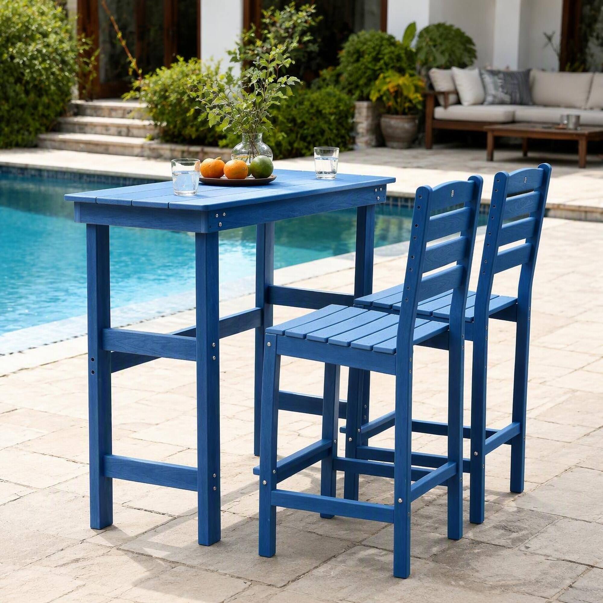 Back. RYHNUYNE - Navy Blue Outdoor Bar Table for Patio Lawn and Poolside,Weatherproof HDPE Dining Height Table with Slatted Top - Lake Blue.