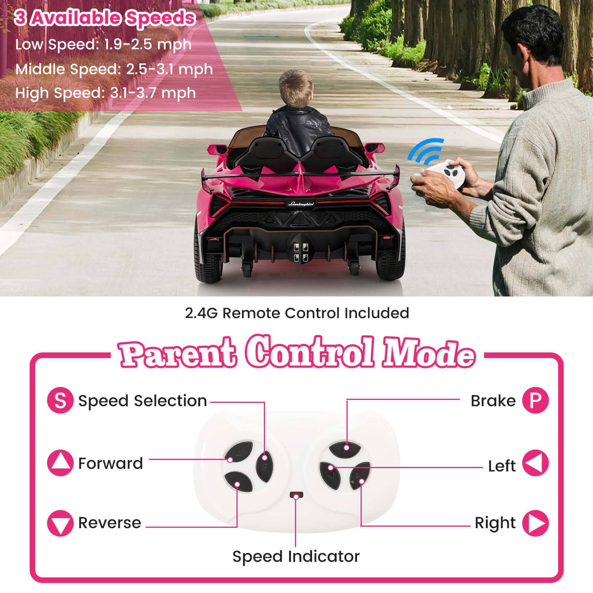 3 Available Speeds
Low Speed: 1.9-2.5 mph
Middle Speed: 2.5-3.1 mph
High Speed: 3.1-3.7 mph

2.4G Remote Control Included

Parent Control Mode
- S: Speed Selection
- Forward
- Reverse
- P: Brake
- Left
- Right
- Speed Indicator