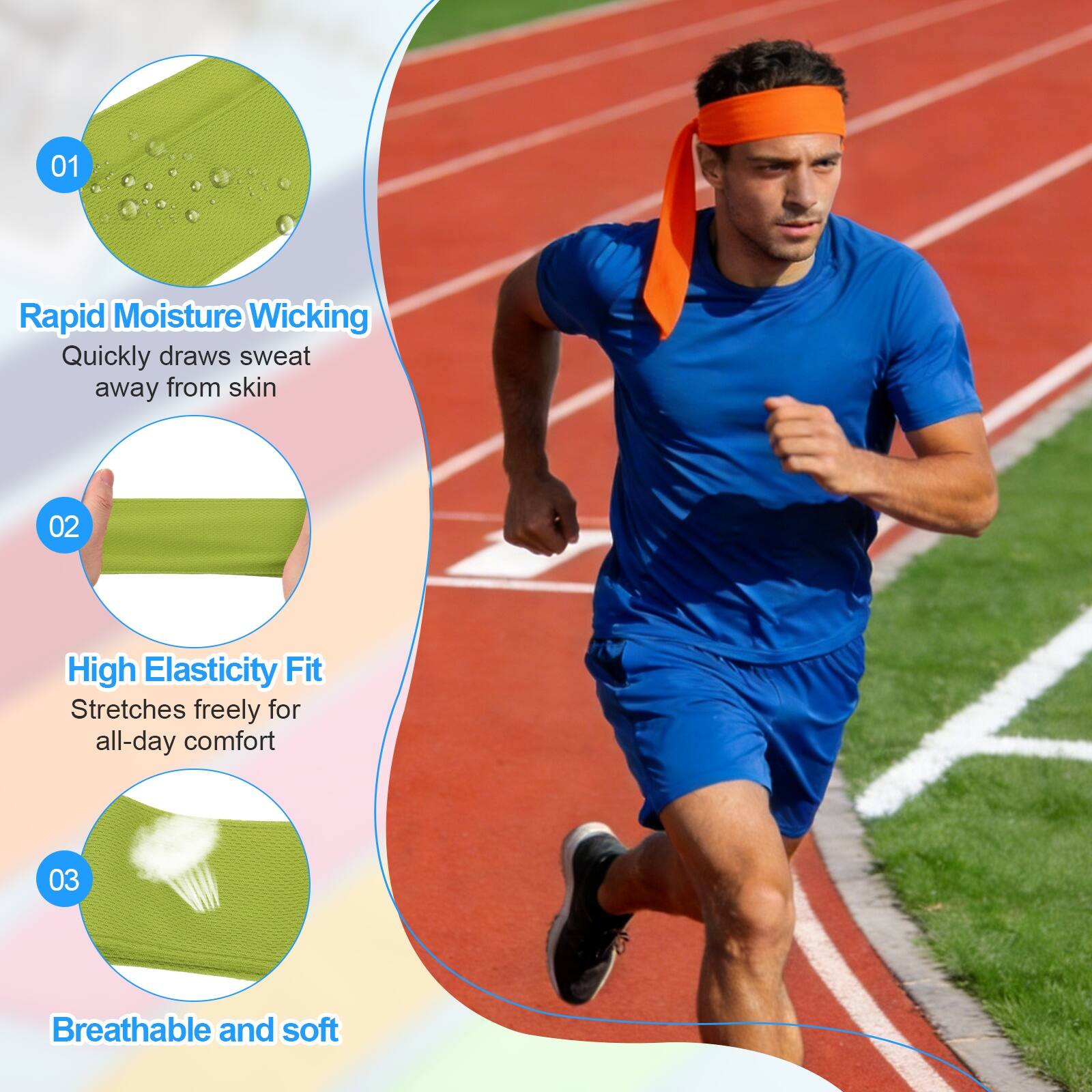 01 Rapid Moisture Wicking: Quickly draws sweat away from skin  
02 High Elasticity Fit: Stretches freely for all-day comfort  
03 Breathable and soft