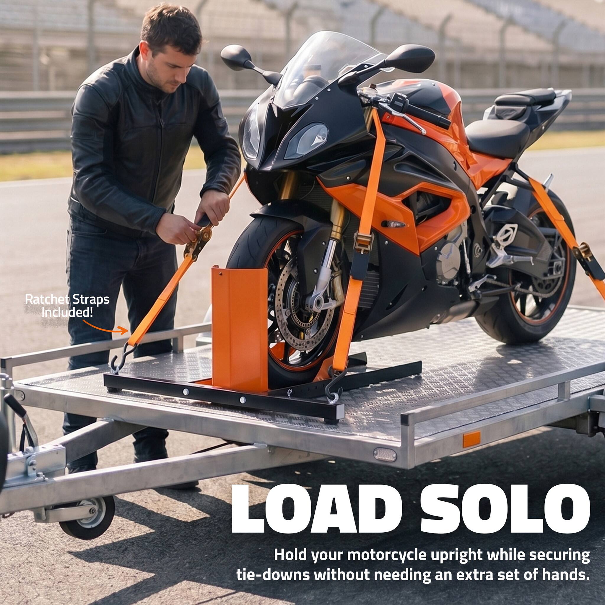 Ratchet Straps Included!  
LOAD SOLO  
Hold your motorcycle upright while securing tie-downs without needing an extra set of hands.