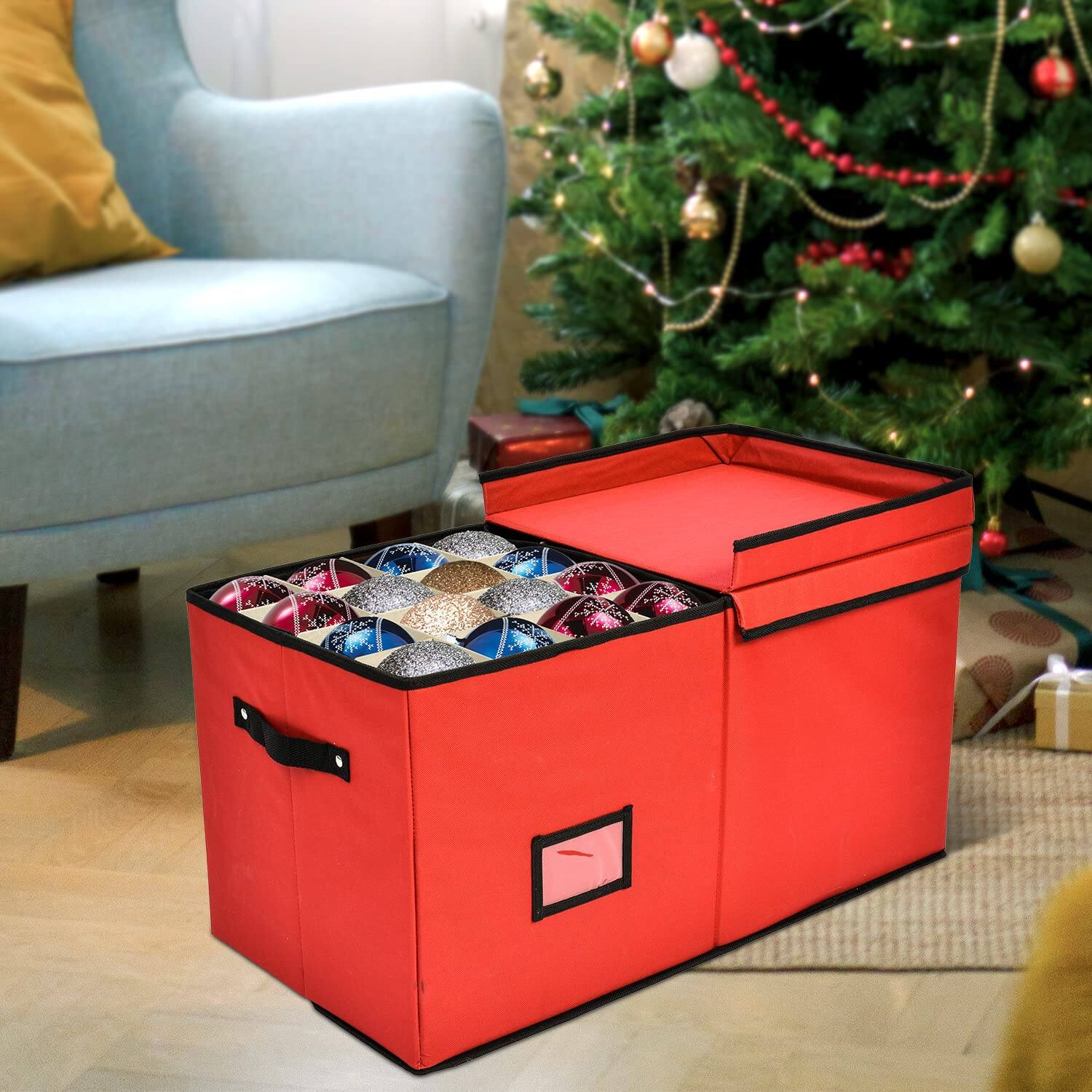 Alt View 2. Paradigms Interiors - Christmas Ornament Storage With 8 Tray - Container Dividers For Decorations- Fits 128 Ornaments Tear-proof ... - Red.