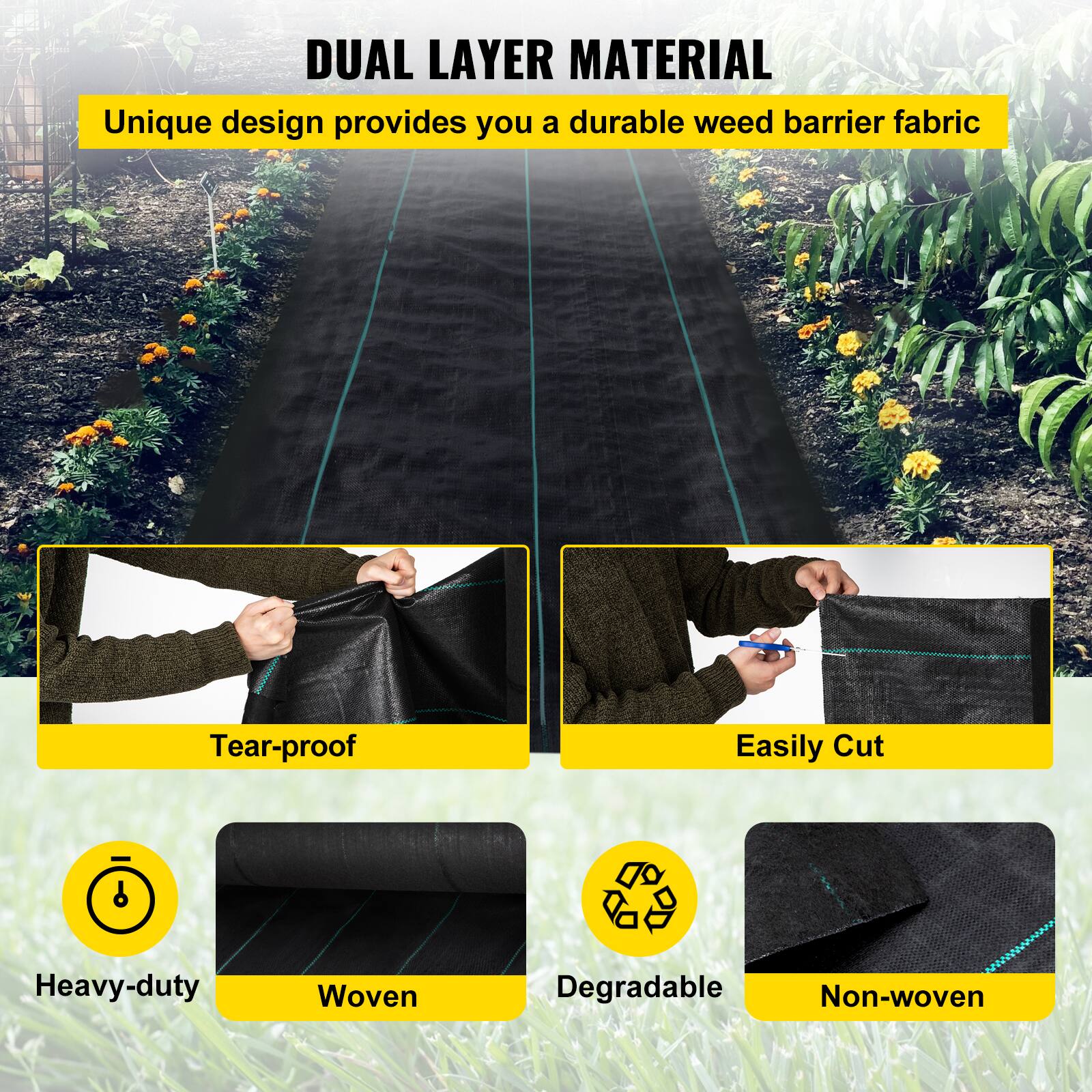 DUAL LAYER MATERIAL Unique design provides you a durable weed barrier fabric Tear-proof Easily Cut Heavy-duty Woven Degradable Non-woven