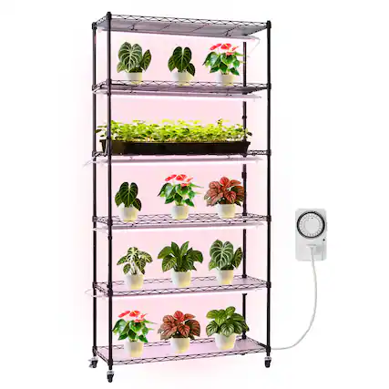 Front. VEVOR - Plant Shelf with Grow Light, 6-Tier Indoor Plant Stand, 71in Tall Indoor Plants Display Rack with Wheels & Timer - Black.
