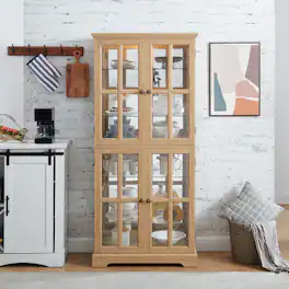 LUCKY ONE - Freestanding Antique Curio Display Cabinet with Glass Doors Adjustable Shelves E26 Bulb for Collectibles - Oak