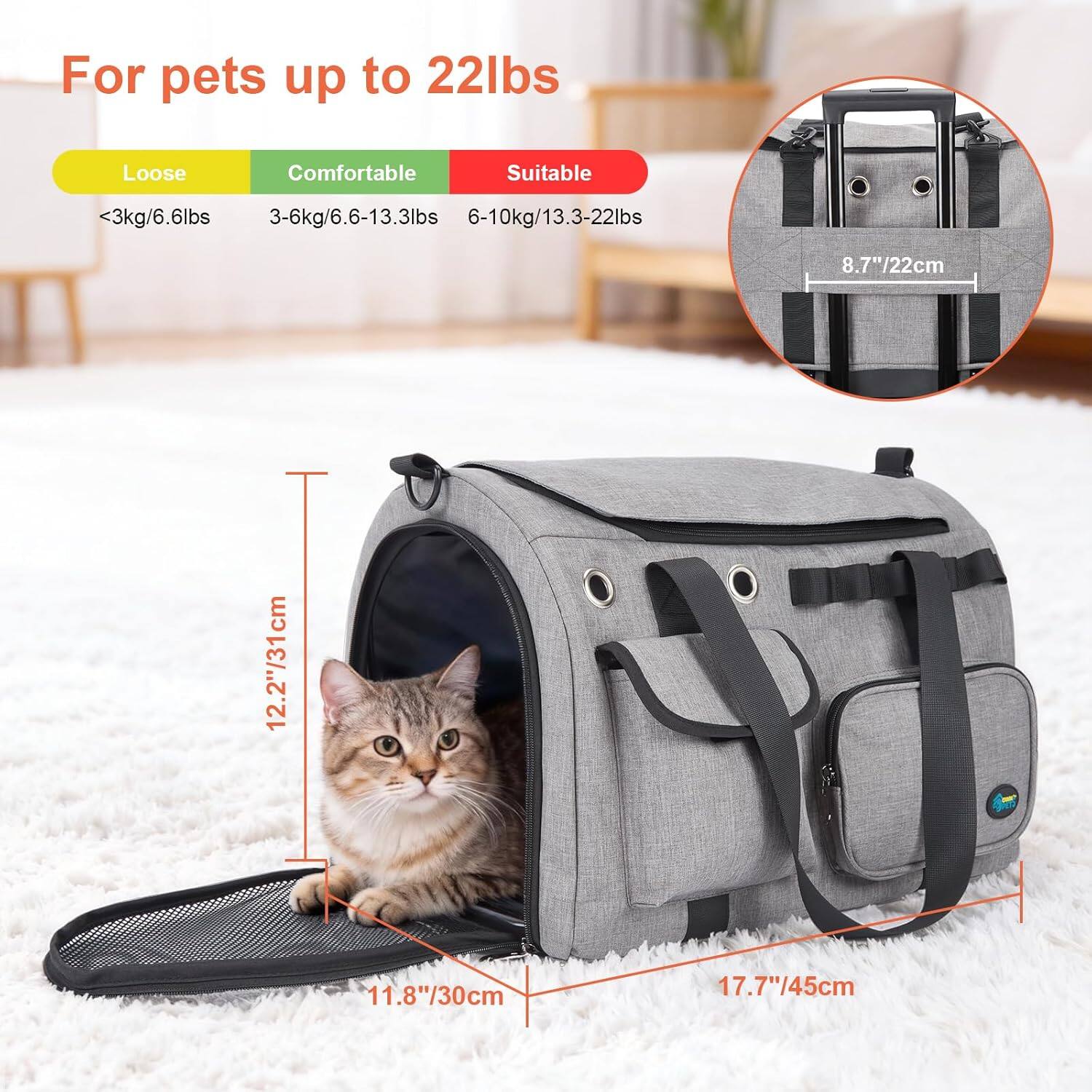 For pets up to 22lbs

Loose
<3kg/6.6lbs

Comfortable
3-6kg/6.6-13.3lbs

Suitable
6-10kg/13.3-22lbs

8.7"/22cm

12.2"/31cm

11.8"/30cm

17.7"/45cm