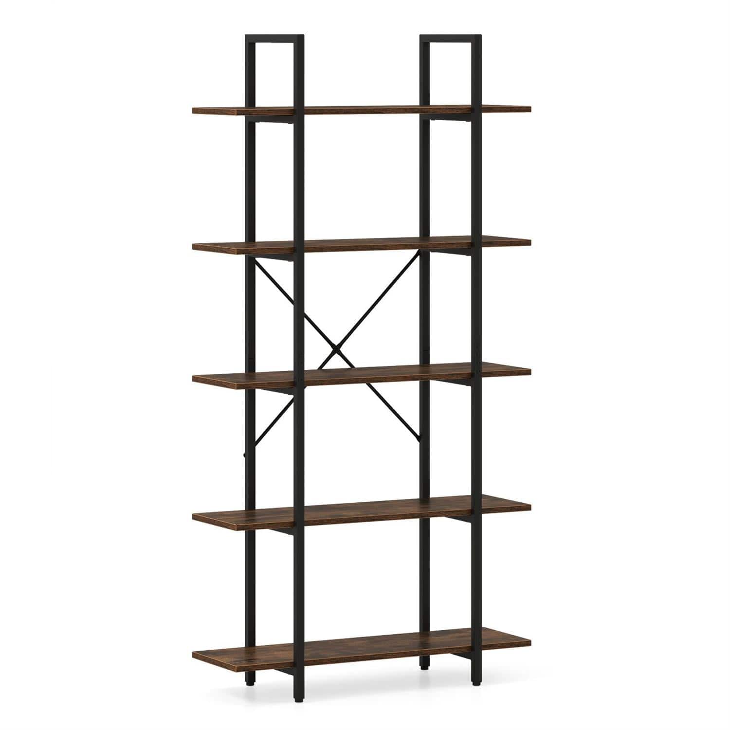Pefilos - 5-Tier Vintage Industrial Bookcase - 62-Inch Heavy-Duty, Open Shelving, Rustic - Brown