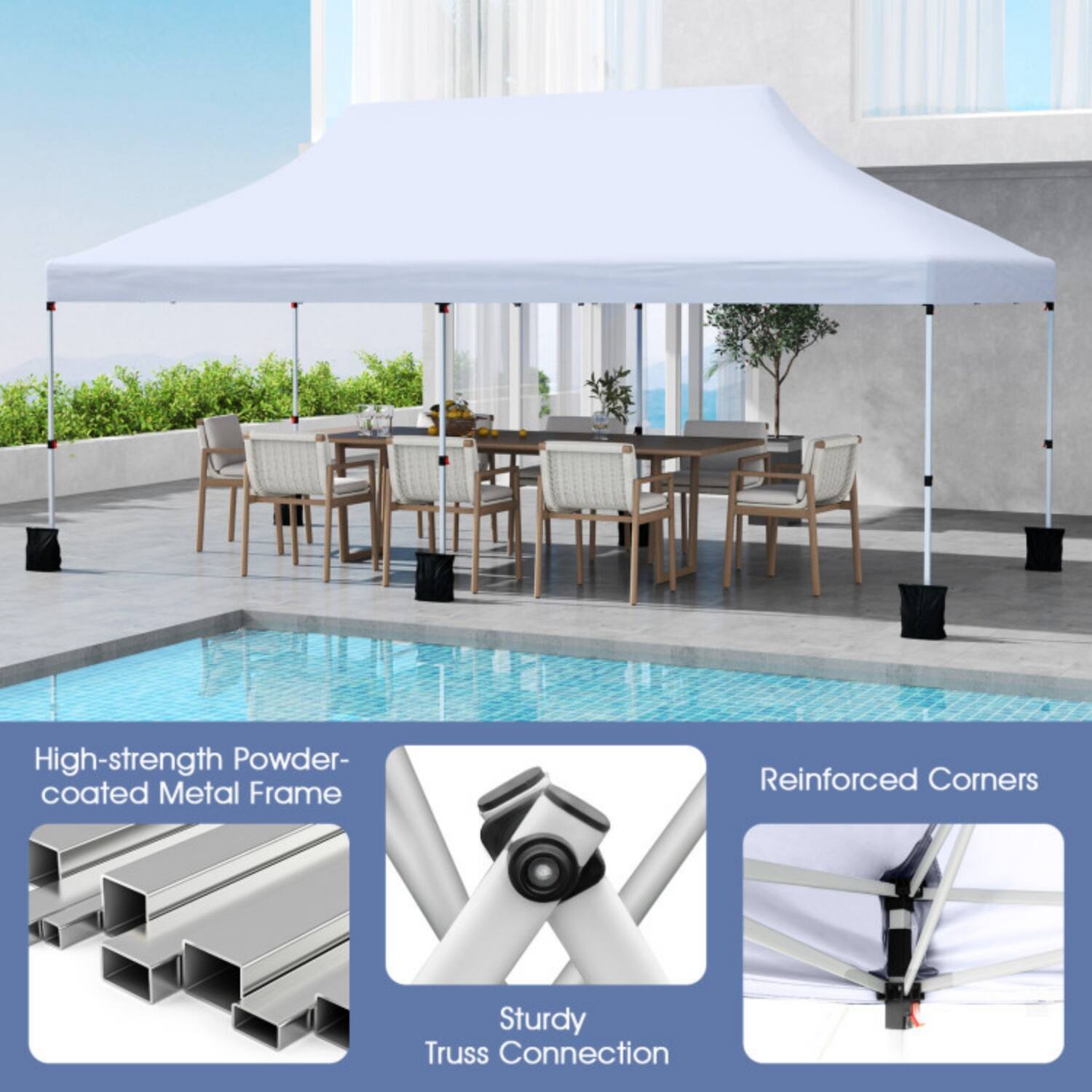 High-strength Powder-coated Metal Frame  
Reinforced Corners  
Sturdy Truss Connection