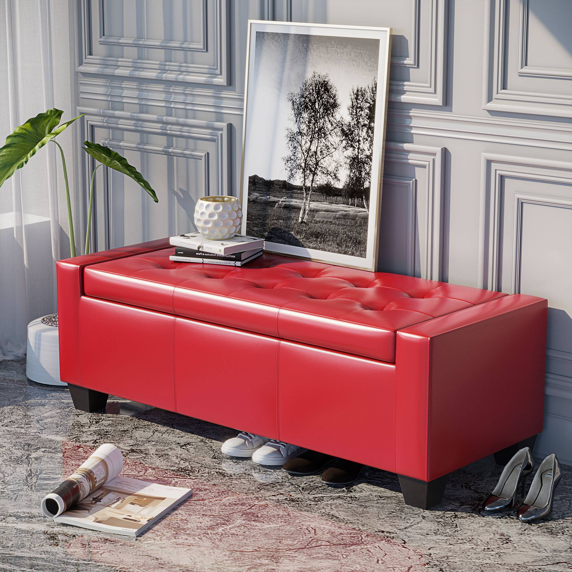 Alt View 3. Homcom - Large 51" Storage Ottoman, Tufted Faux Leather Storage Bench for Living Room, Entryway, or Bedroom - Red.