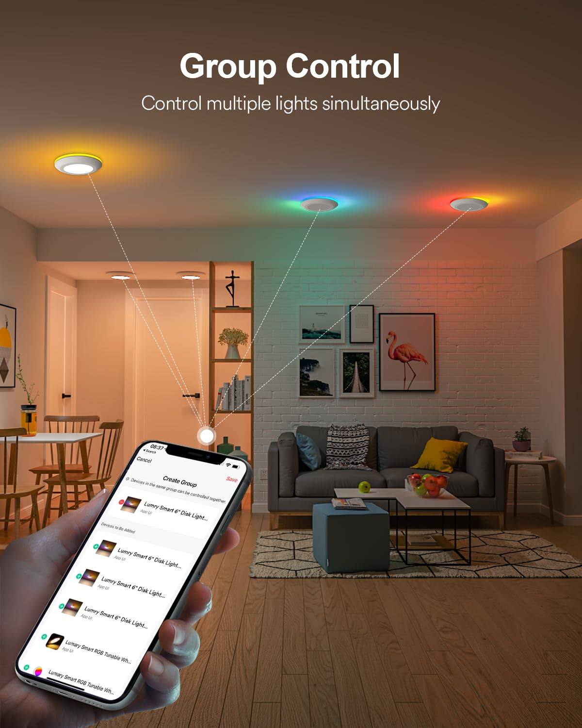 Group Control  
Control multiple lights simultaneously  

08:37  
NU Caneel  

Create Save Devices  

Group - noa v. t cardroded Snpeter Lomy Smart Awl - e Dak Light...  
Lomy Smart Awl 6 Diak Light...  
Lumry Smart Awl 6 Diak Light...  
Lumry Smart NeV o e Diak Light...  
Esmary Smart A - ROB Tunable Wh...  
Lumary Smart N8 Tunable J01.
