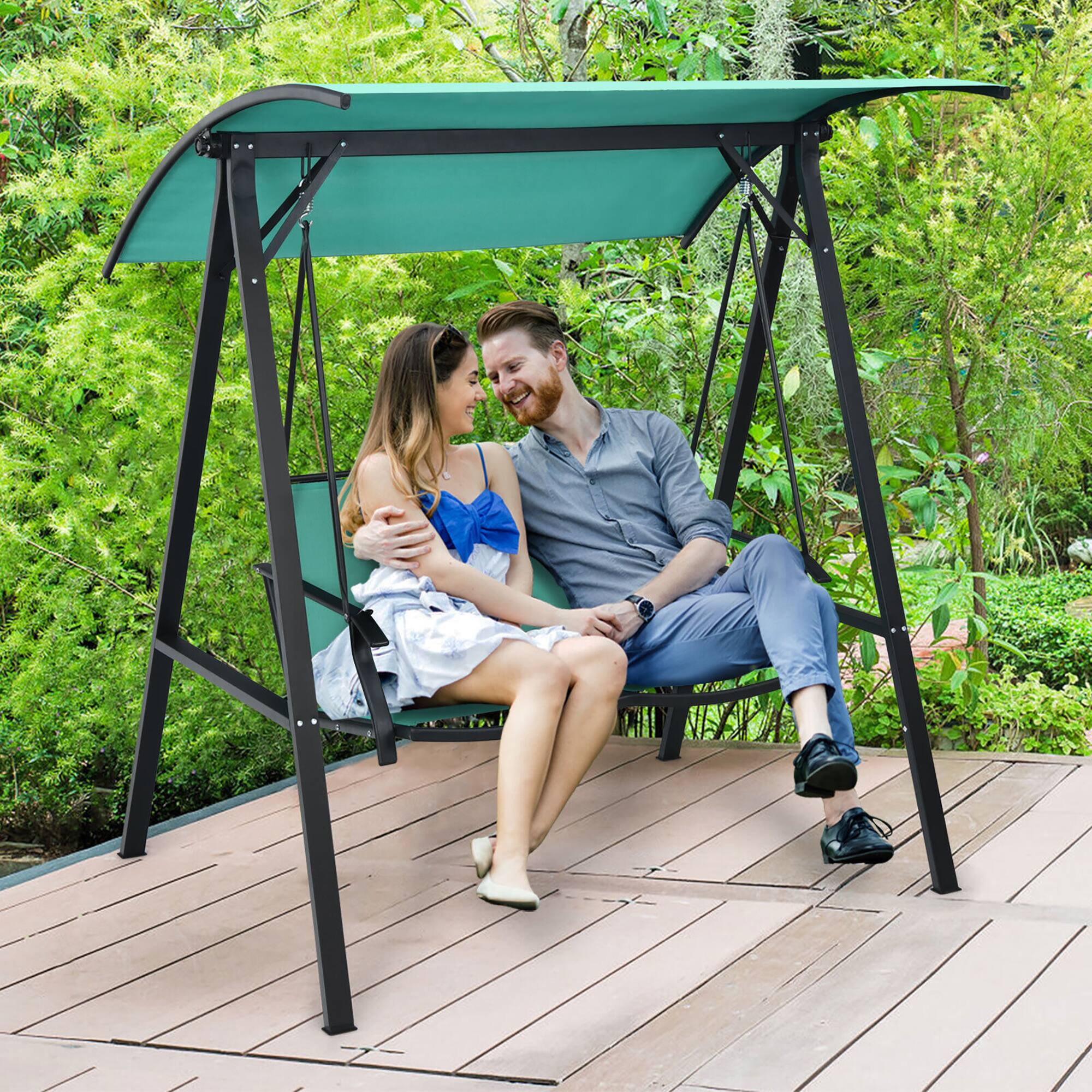 Alt View 3. Gymax - Gymax 2-Person Outdoor Patio Porch Swing Chair w/ Adjustable Canopy Turquoise - Turquoise.