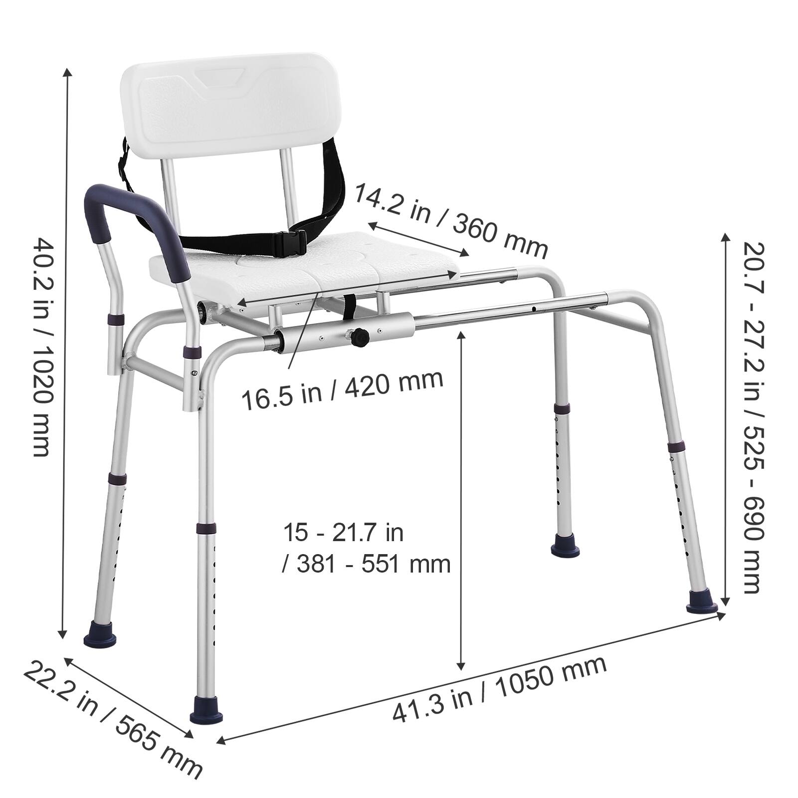40.2 in / 1020 mm, 22.2 in / 565 mm, 14.2 in / 360 mm, 16.5 in / 420 mm, 15 - 21.7 in / 381 - 551 mm, 1050 mm, 20.7 - 27.2 in / 525 - 690 mm