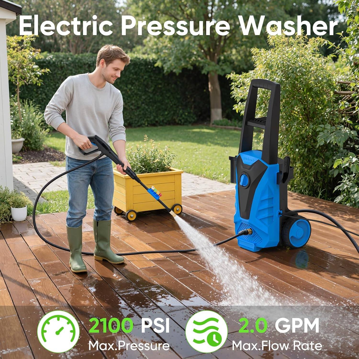Electric Pressure Washer

2100 PSI Max. Pressure

2.0 GPM Max. Flow Rate
