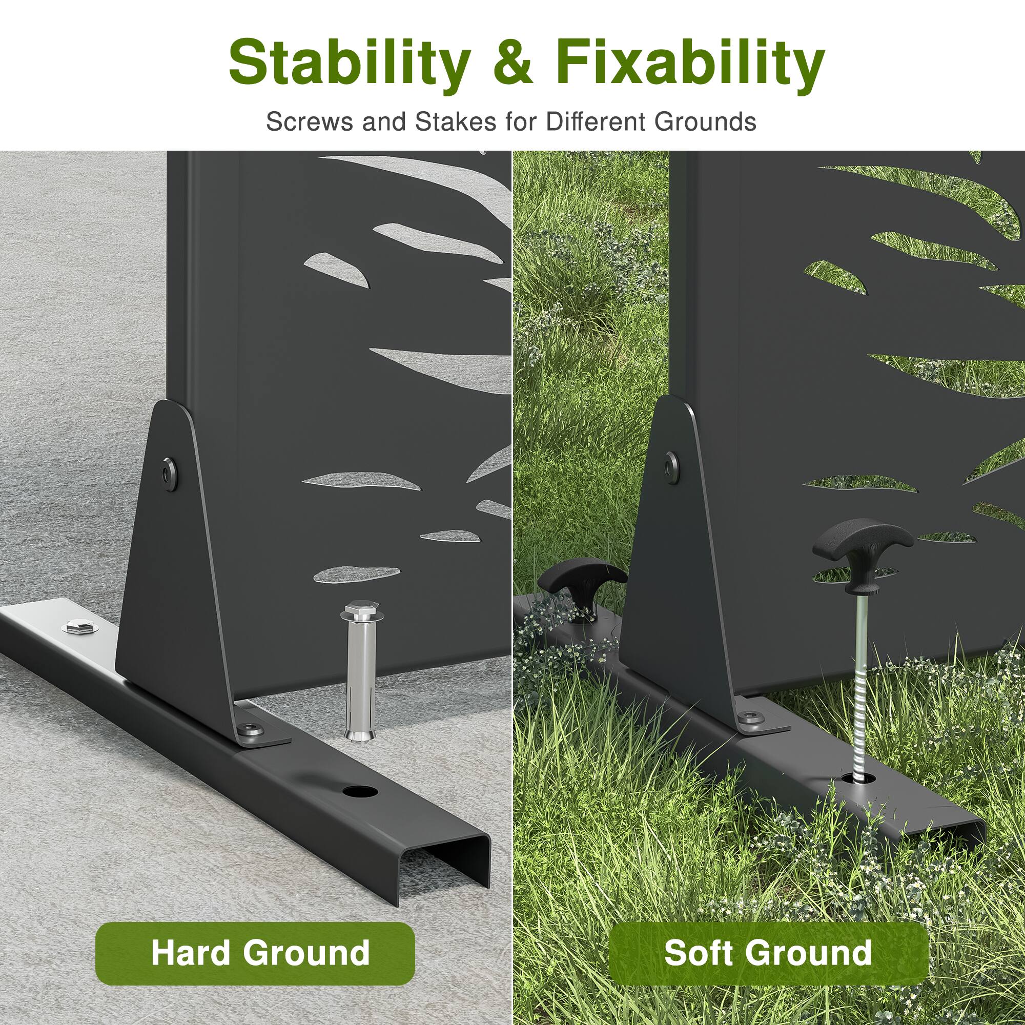 Stability & Fixability  
Screws and Stakes for Different Grounds  

Hard Ground  
Soft Ground