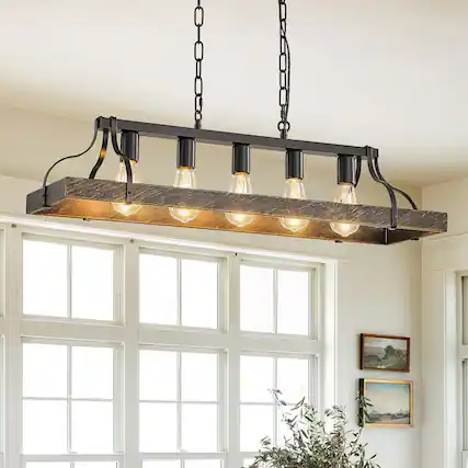 Front. TinyHomie - 34 Inch Black Gold Vintage Pendant Light 5 E26 Bulb Sockets Adjustable Chain Height Antique Style.