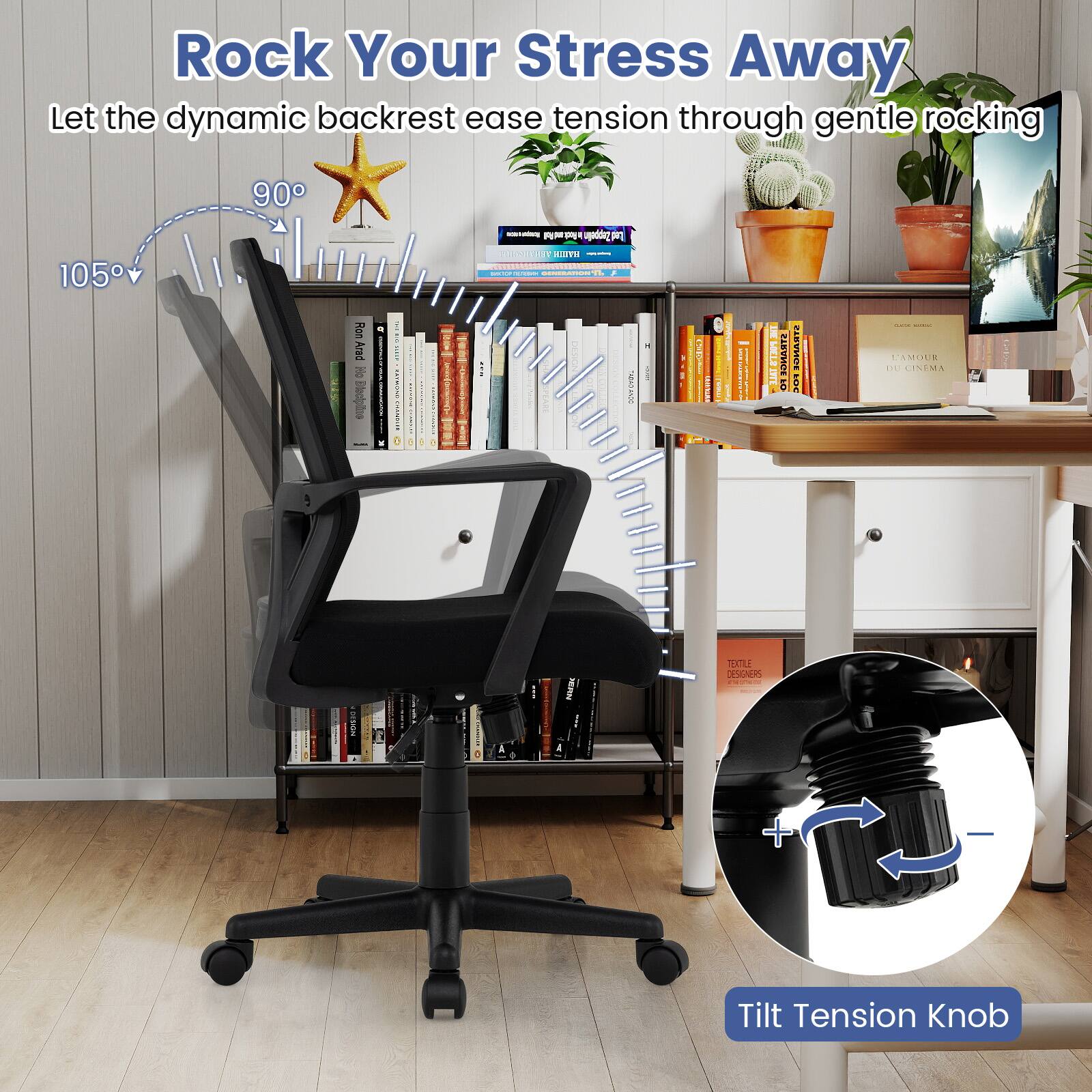 Rock Your Stress Away  
Let the dynamic backrest ease tension through gentle rocking

90°  
105°

Ron Arad  
No  
e  
ANDREWS  
100 undrang  
Rook Zappelin  
PATZ MINNEREY  
GENERATION % " ADAO ANDO  
I  
LIAT  
BANY8 FOG  
L'AMOUR DU CINEMA  
TEXTILE DESIGNERS CHIPS

Tilt Tension Knob