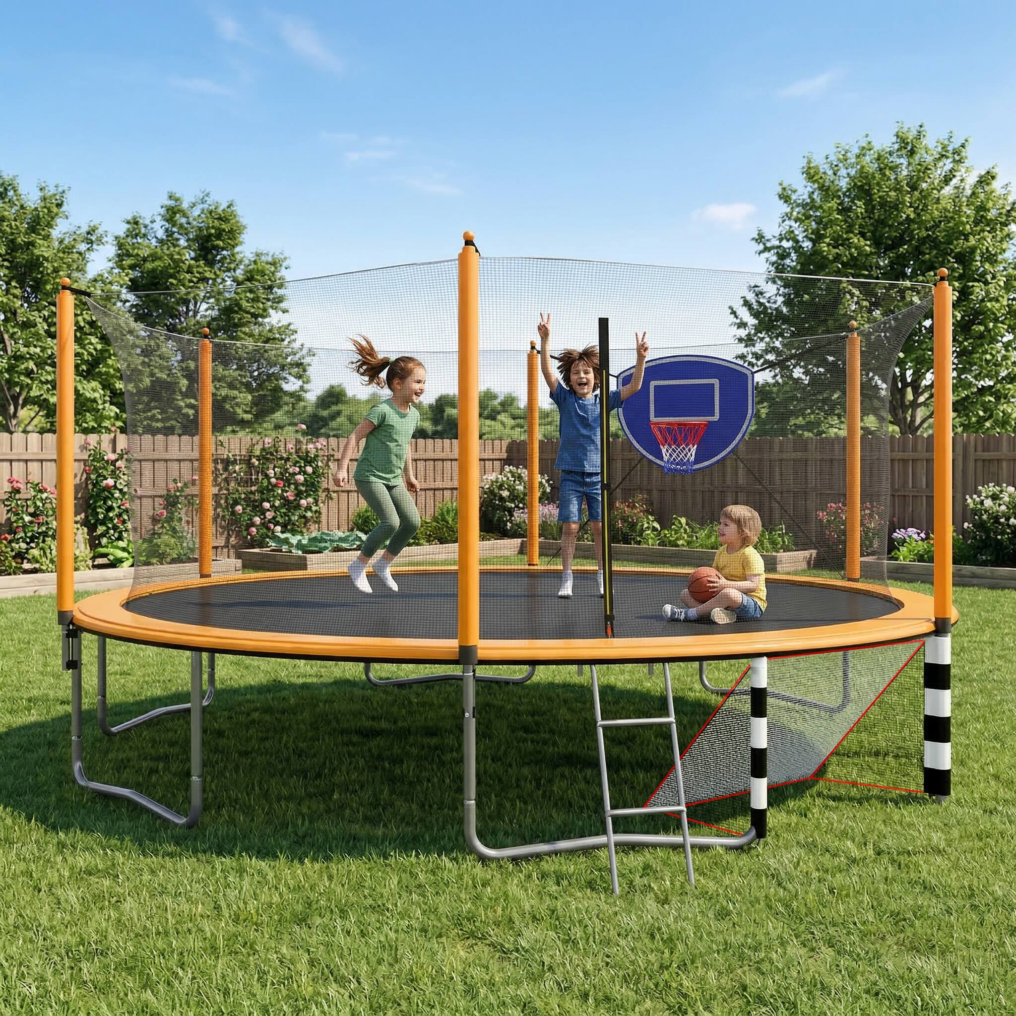 Left. LOVMOR - Lovmor 16 FT Trampoline with Basketball Hoop and Ladder Recreational Trampoline for Adults.