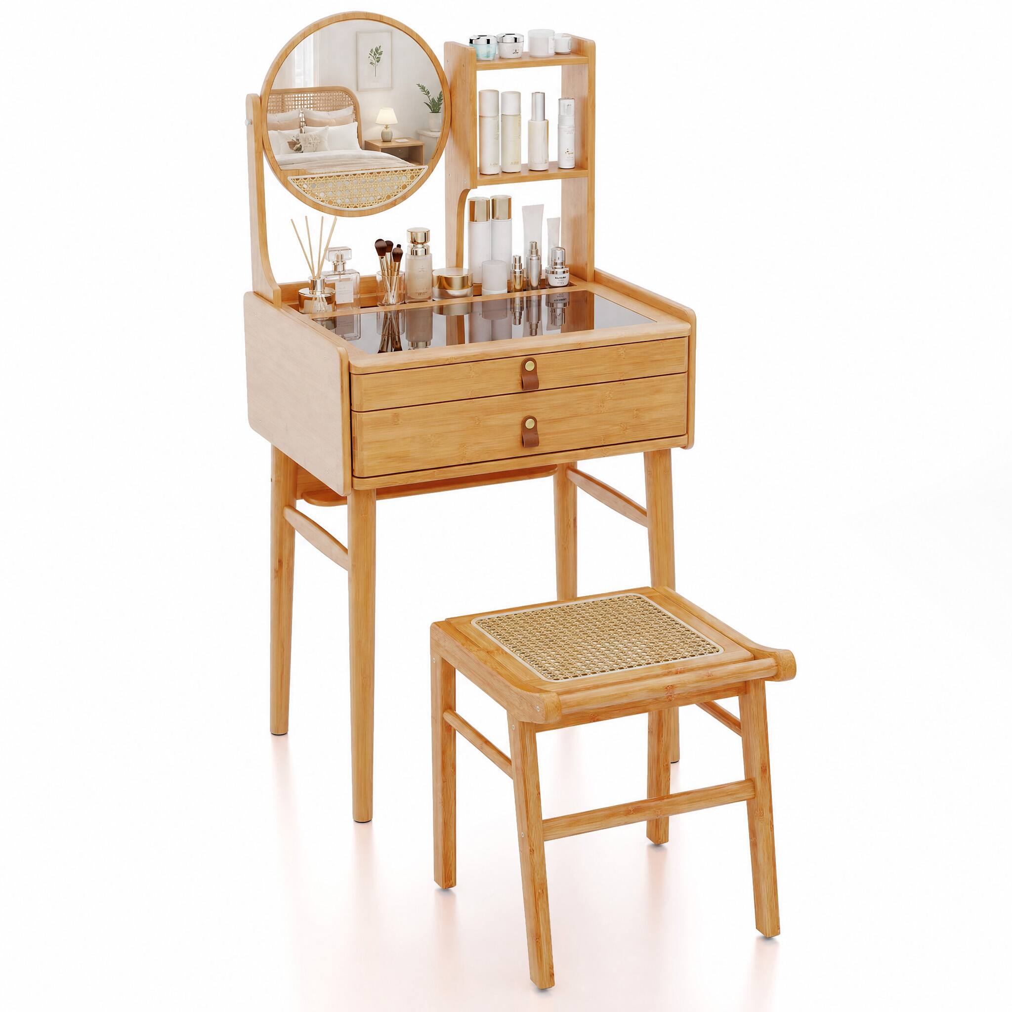Left. WELLFOR - 23.5 in Compact Bamboo Makeup Vanity Desk Set with 360° Rotatable Round Mirror,Tempered Glass Tabletop，2 Drawers& Stool - Natural.