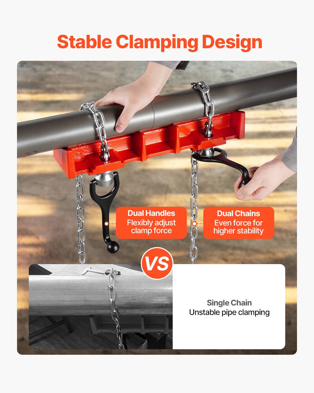 Stable Clamping Design

Dual Handles
Flexibly adjust clamp force

Dual Chains
Even force for higher stability

VS

Single Chain
Unstable pipe clamping