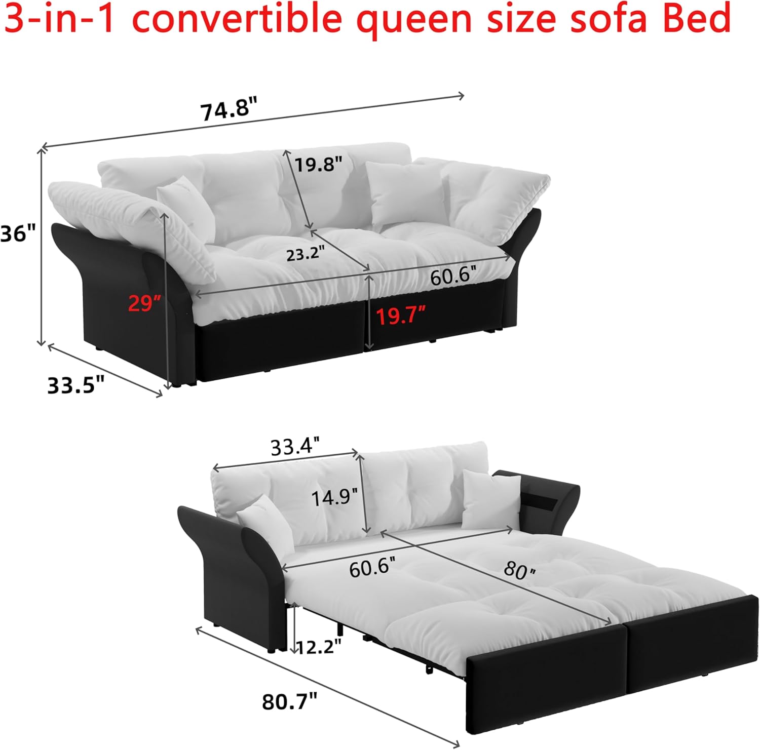 3-in-1 convertible queen size sofa Bed

74.8" 19.8" 36" 29" 23.2" 60.6" 19.7" 33.5" 33.4" 14.9" 60.6" 80" 2.2" 80.7"