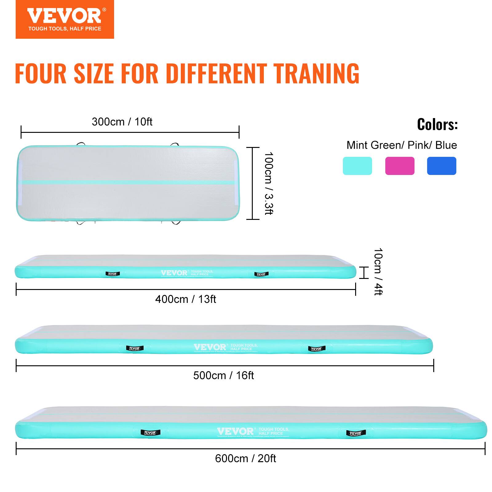 VEVOR TOUGH TOOLS, HALF PRICE FOUR SIZE FOR DIFFERENT TRAINING

300cm / 10ft
100cm / 3.3ft
Colors: Mint Green/ Pink/ Blue

400cm / 13ft
10cm / 4ft

500cm / 16ft

600cm / 20ft