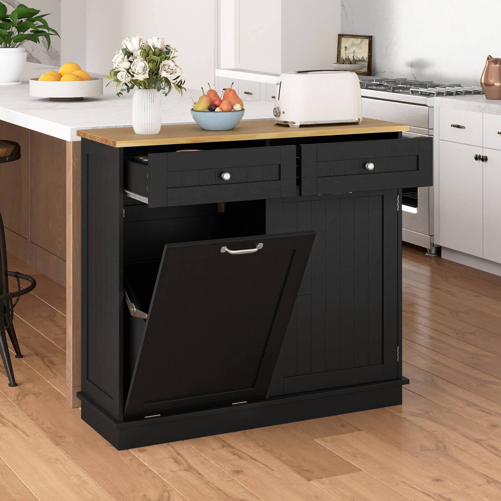 Alt View 3. Costway - Costway 15.5 Gallon Kitchen Tilt Out Trash Cabinet Rubber Wood Tabletop 2 Drawers Shelf - Black.