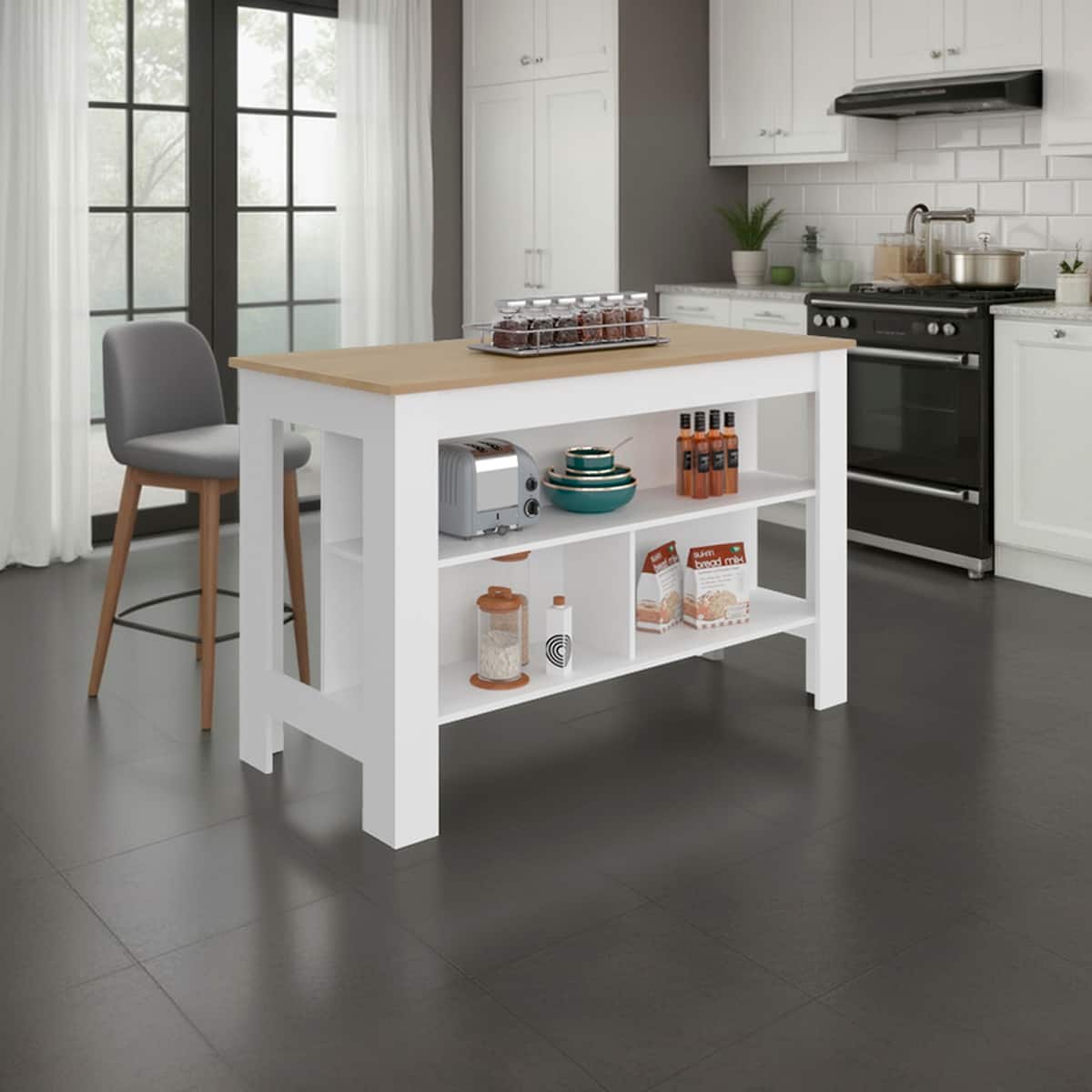 Loheer - Wide Kitchen Island Freestanding Prep Station with Open Storage Shelves - White and Light Oak