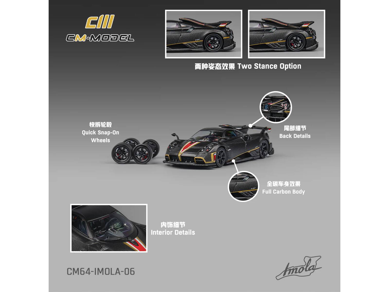 CIII  
CM-MODEL  

Two Stance Option  

Quick Snap-On Wheels  

Back Details  

Full Carbon Body  

Interior Details  

CM64-IMOLA-06  

Amola