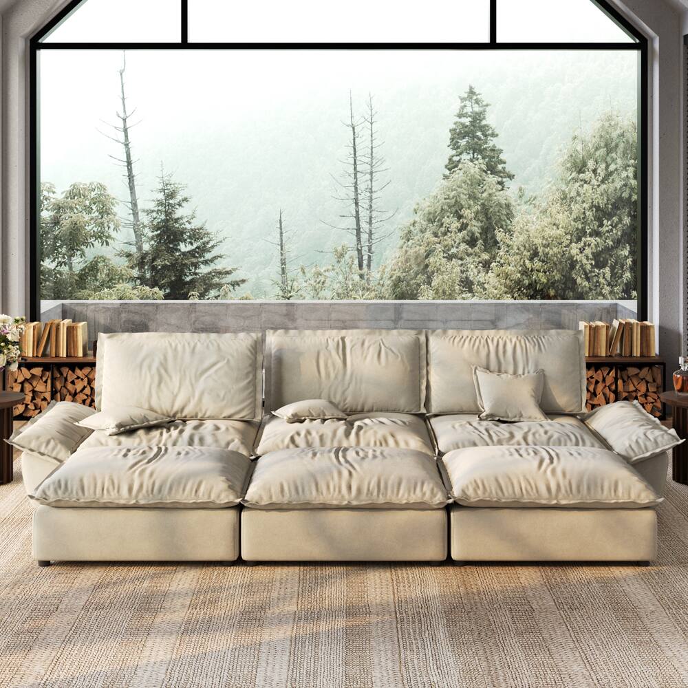 Angle. POVISON - Modern Beige Sleeper Sofa with 3 Ottomans - Beige Suede Fabric.