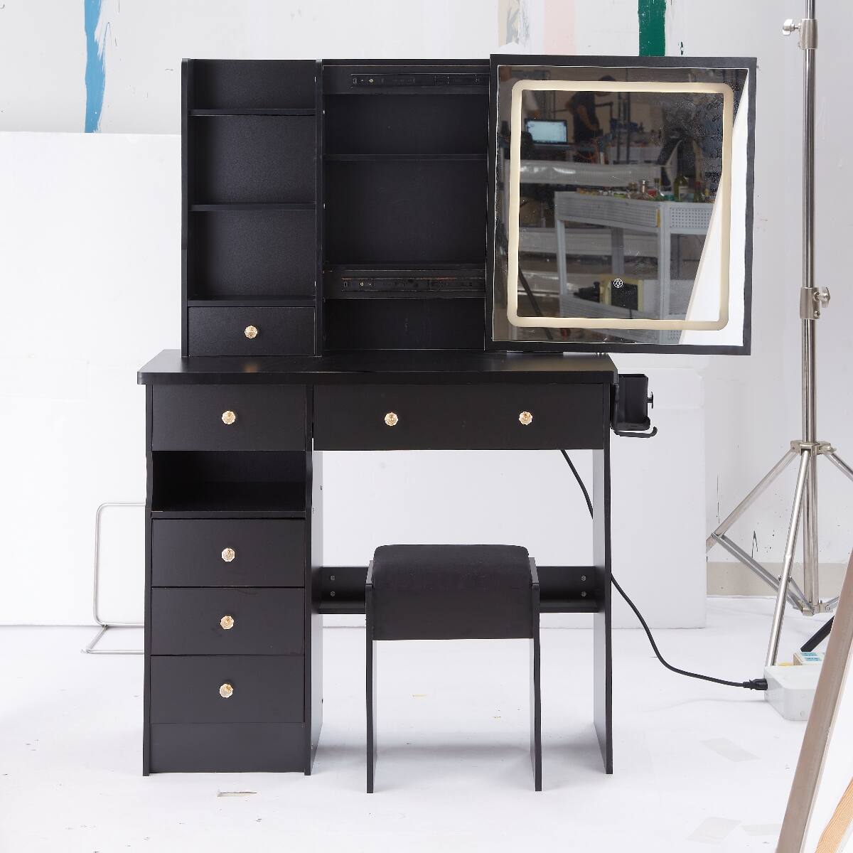 Alt View 3. Loheer - Loheer 37 Inch Makeup Vanity Table with Cushioned Stool, Sliding LED Mirror, Black - Black.
