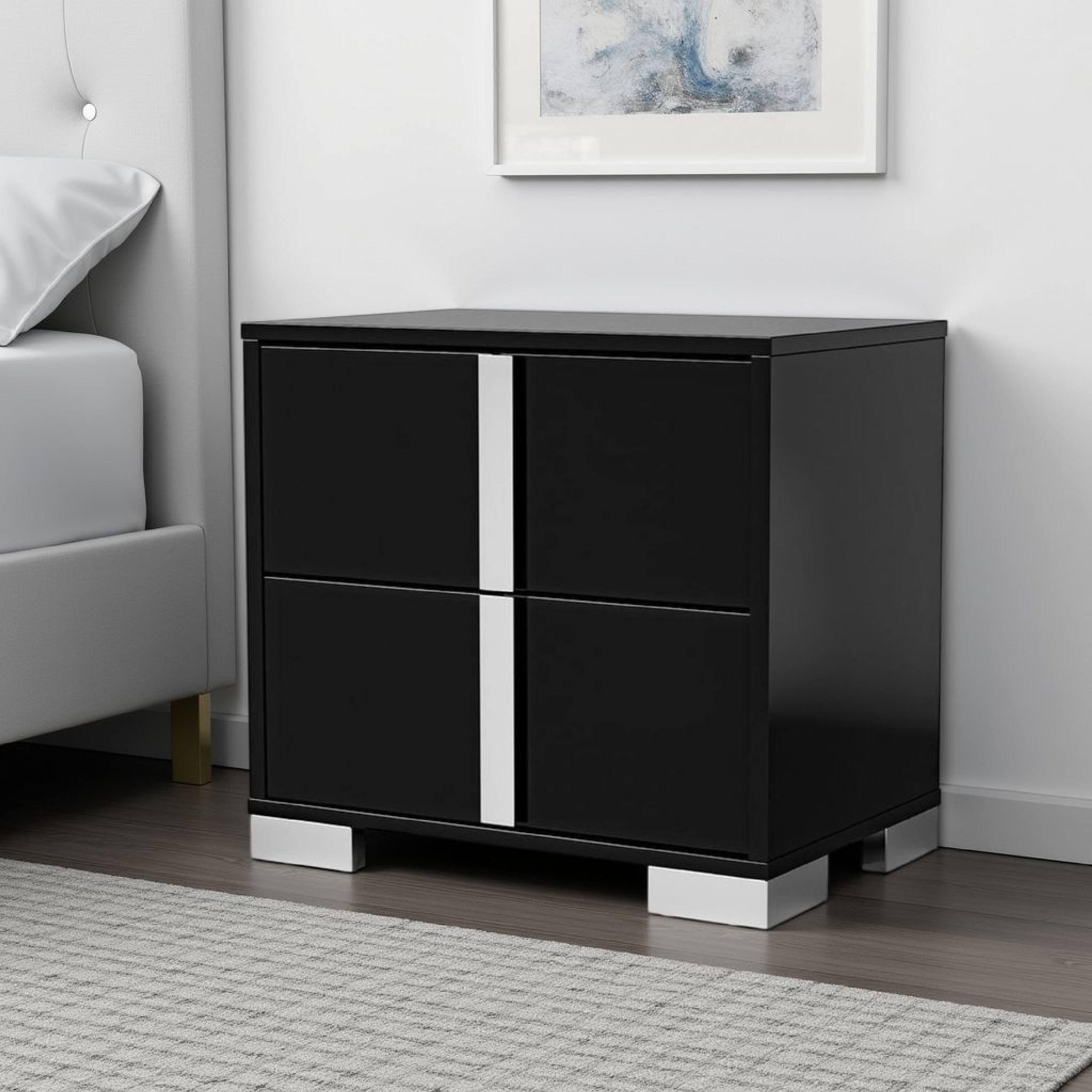 Alt View 5. Manhattan Lane - Suni Nightstand, Piano Black Wood with UV Finish, 2 Drawers, 24 Inch - Piano Black, Chrome.