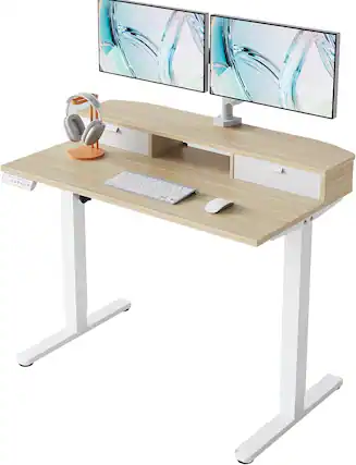Front. HUANUO - Electric Standing Desk, 40” x 24” Height Adjustable Sit Stand Desk with 4 Memory Presets, 2 Drawers & 2 Hooks - Natural color.