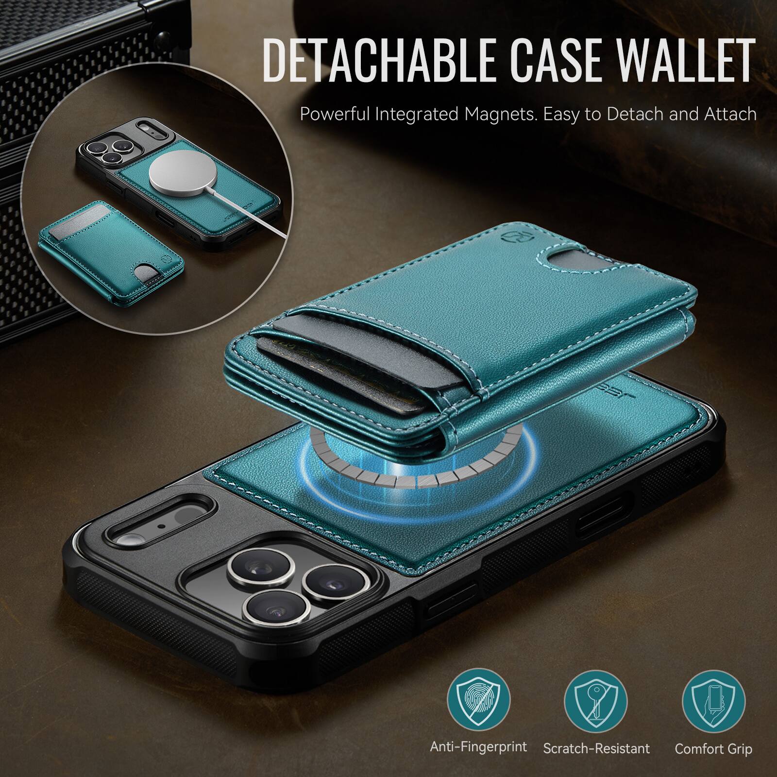 DETACHABLE CASE WALLET  
Powerful Integrated Magnets. Easy to Detach and Attach  

Anti-Fingerprint  
Scratch-Resistant  
Comfort Grip