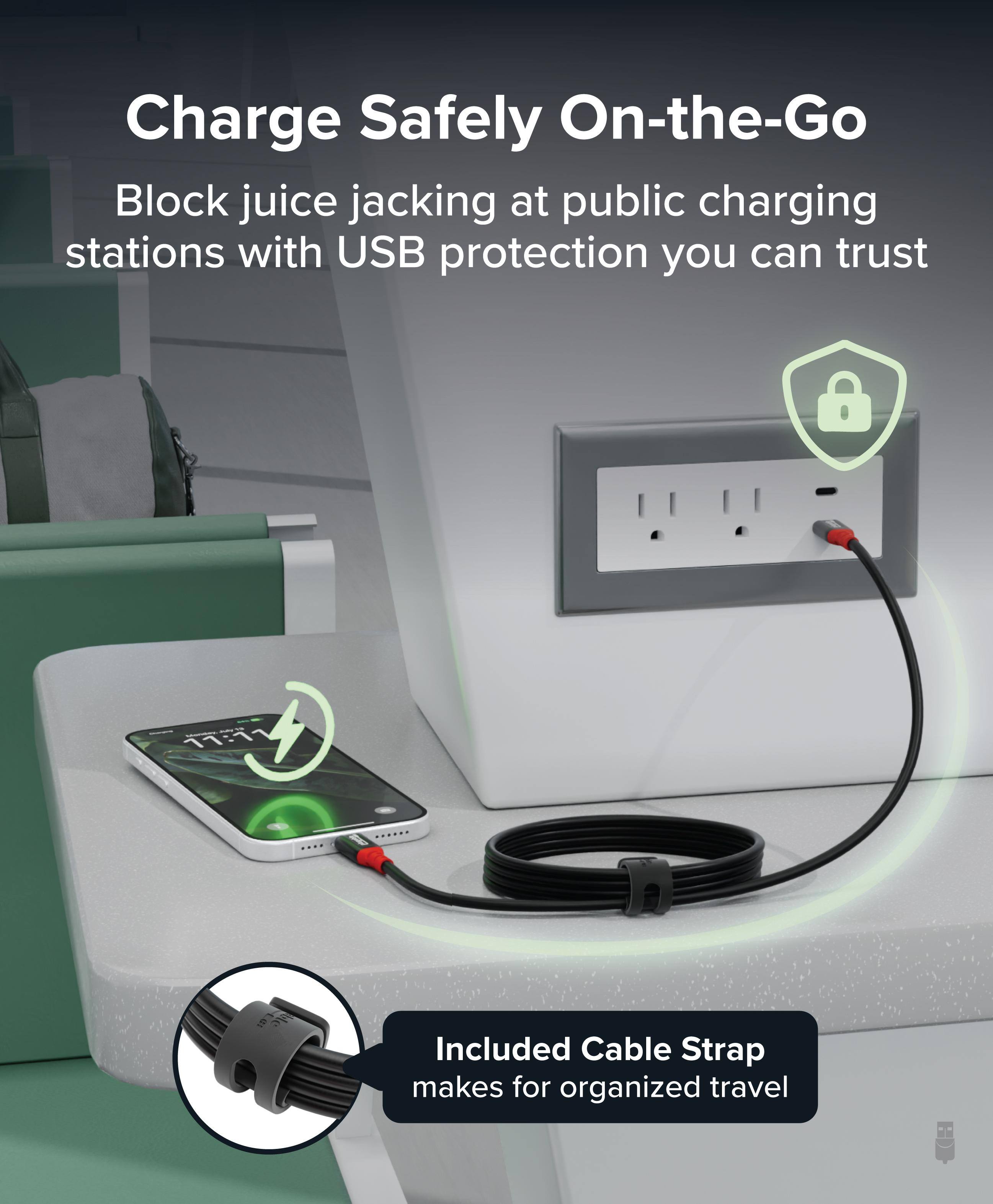 Charge Safely On-the-Go  
Block juice jacking at public charging stations with USB protection you can trust  

Included Cable Strap makes for organized travel