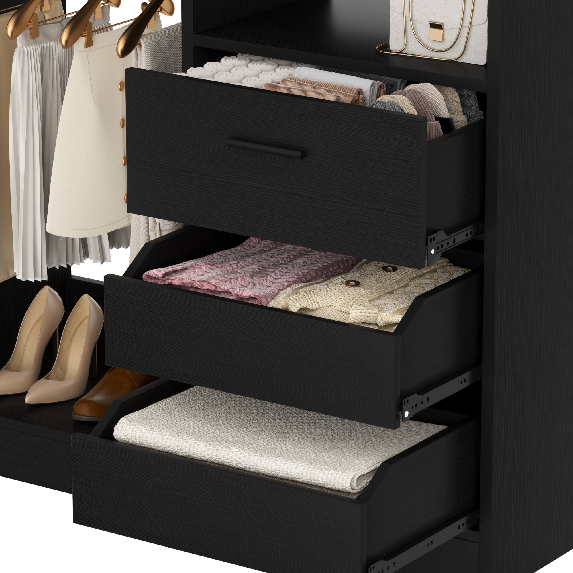 Angle. Aheaplus - 36" Freestanding Closet Organizer with 3 Drawers, 2 Hanging Rods & Shoe Storage - Black.