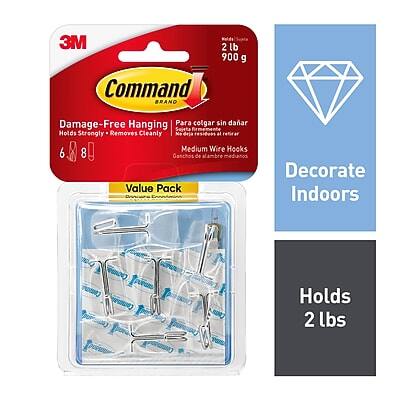 3M Command Brand  
Damage-Free Hanging  
Holds Strongly • Removes Cleanly  
Para colgar sin dañar  
Sujets fortes • Retire sans laisser de marques  

2 lb 900 g  
Medium Wire Hooks  
Ganchos de alambre medianos  

Value Pack  
Pack de valor  

Decorate Indoors  
Décorez à l'intérieur  

Holds 2 lbs  
Supporte 2 lbs